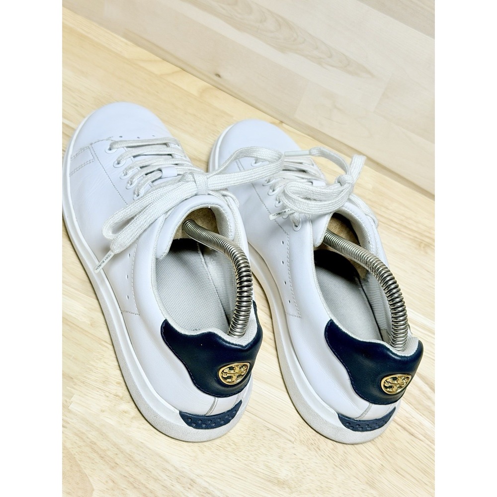 Tory Burch Howell Court Sneakers Womens 8 White Leather Navy Gold Logo 73057